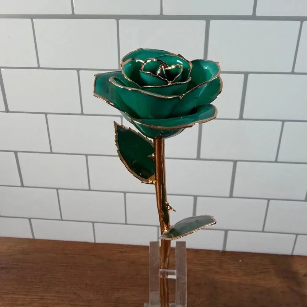 DeFaith 24k Gold Dipped Lacquered Green Rose with Acrylic Stand